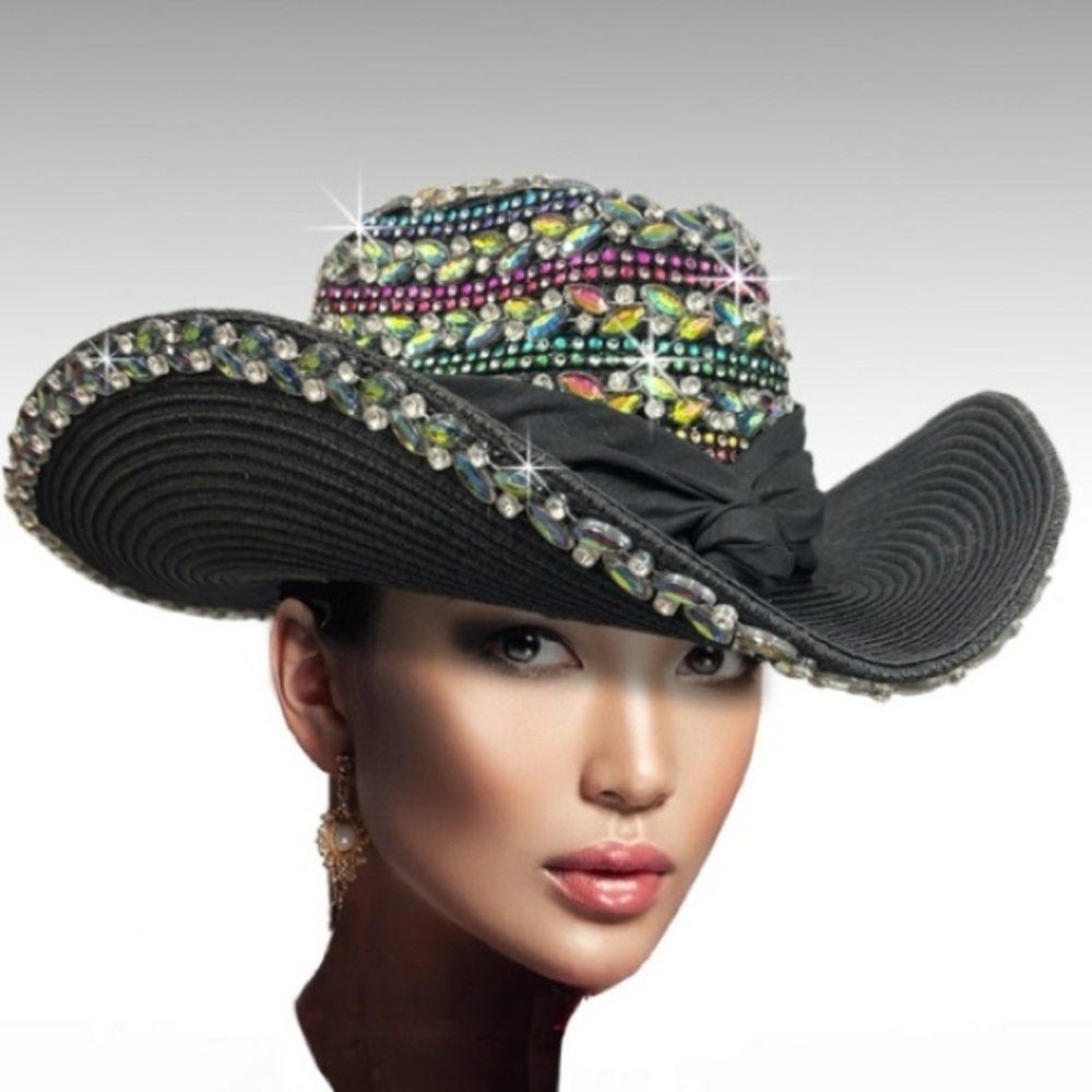 Embellished Black Hat with Multicolor Accents - Picture 1 of 1
